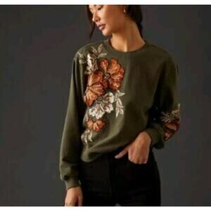 Anthropologie Olive Green Floral Sweatshirt